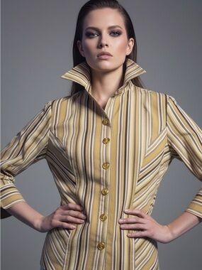 Apostrophe Striped Button Down Blouse/Petite Small SP /Earth Tones/Stretch